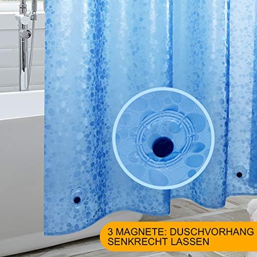 Anti-schimmel douche-/badgordijn met magneetgewicht aan de onderkant, 0,2 mm (183 x 200 cm), waterdicht, antibacterieel, EVA, 3D-steenpatroon, blauw, inclusief 12 S