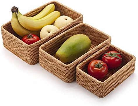 Opbergmand van natuurlijk rotan, rechthoekige, gevlochten opbergbox, stapelbare sleutelhouder voor keukenkastjes en planken, set van 3