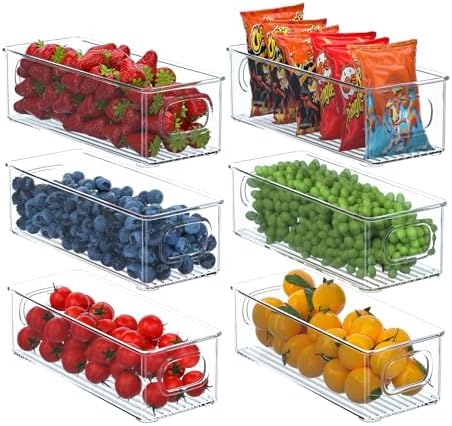Koelkastorganizer, set van 6, stapelbare keukenopbergbakjes, koelkastbakjes met handvat, transparante voedselbewaring voor kasten, vriezer, voorraadkast – BPA-vrij
