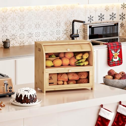 Bamboe broodmand, broodmand met 2 verdiepingen, broodkist, broodbewaarkist met roldeksel en vitrine, broodbak voor broodjes en gebak, voor in de keuken en