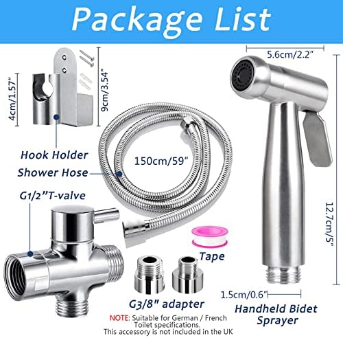 Bidet-handdoucheset, hoogwaardig geborsteld roestvrij staal, 1,5 m slang, G1/2-inch kraan, G3/8-inch toiletadapter, handdouche met bidet-sproeikop,