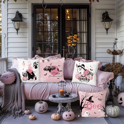 Set van 4 kussenhoezen Halloween Happy 45 x 45 cm Pompoen, kat, geest, griezelig, roze, decoratieve kussenhoezen voor bank, slaapkamer, interieur