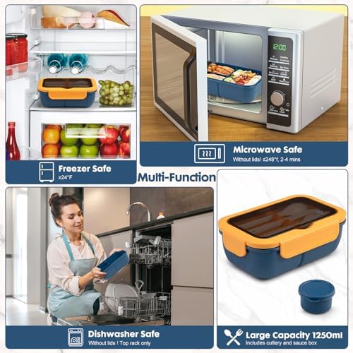 Lunchbox met vakken, lunchbox van 1250 ml, bentobox, lunchbox voor volwassenen met bestek, lunchbox, broodtrommel, lekvrije voedselbox, lunchbox, ontbijtbox