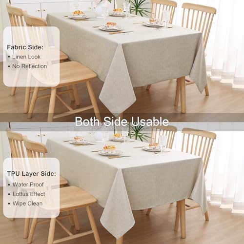 Tafelkleed, waterafstotend, lotuseffect, wasbaar, tafelkleed in linnenlook, vuilafstotend, vierkant, 100 x 140 cm, beige