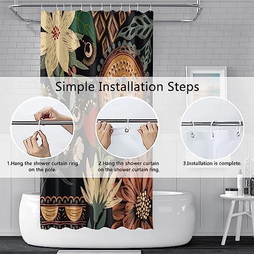 Douchegordijn, 180 x 180 cm, met groene bladeren, boho-bloemen, tropische bloemen, schimmelbestendig, wasbaar, waterdicht, polyester, douchegordijn met 12 haken, voor de badkamer