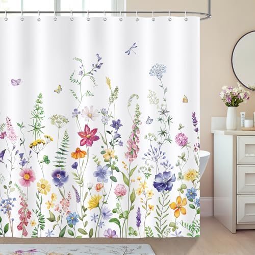 Douchegordijn, lentebloemen, blauw, paars, wilde bloemen, planten, 180 x 180 cm, schimmelbestendig, waterdicht, polyester, wasbaar, badkamergordijn voor de badkamer, met 12 haken