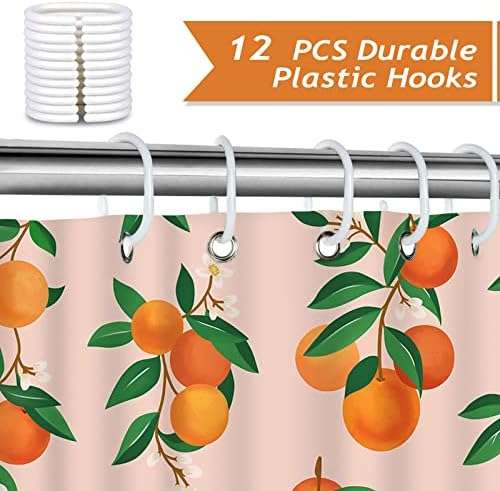 Douchegordijn, oranje, fruit, citrusvruchten, groene bladeren, 180 x 180 cm, schimmelbestendig, waterdicht, polyester, wasbaar, badgordijn voor de badkamer met 12 haken