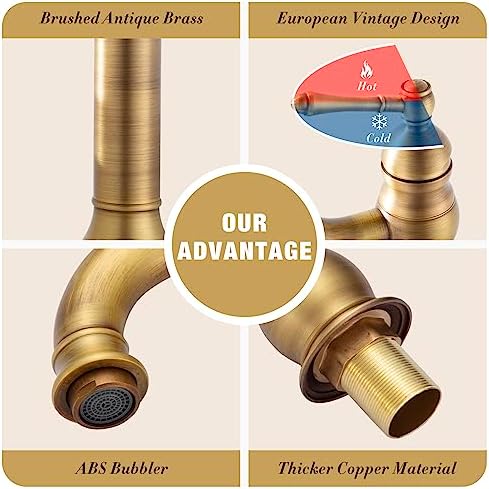 Badkamerkraan, hoog, antiek messing, retro gouden wastafelkraan, hoog, 360° draaibare eengreepsmengkraan, antieke badkamerkraan, wastafel, badkamer