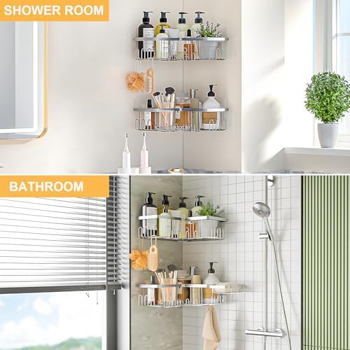 Doucheplank zonder boren, hoekdoucheplank, zilveren badkamerplank van roestvrij staal met zeepbakje, set van 3 zelfklevende shampoohouders voor de douche