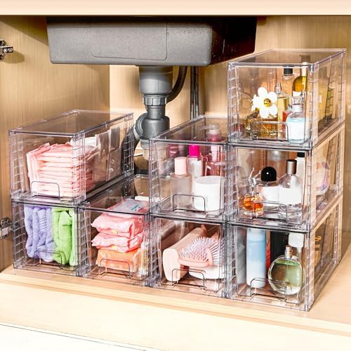 Set van 4 middelgrote stapelbare opberglades, transparante acryl lade-organizers met handgrepen, eenvoudige montage voor badkamer, kast, berging, make-up