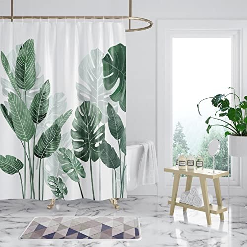Douchegordijn, 180 x 180 cm, schimmelbestendig, met groene bladeren, planten, waterafstotend, douchegordijn van polyester, wasbaar, met 12 douchegordijnringen