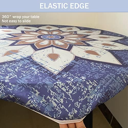 Tafelkleed voor buiten, rond, 120 cm, elastisch, rond, afwasbaar, waterafstotend, lotuseffect, tuintafelkleed, blauw, mandala, tafelkleed, ideaal voor