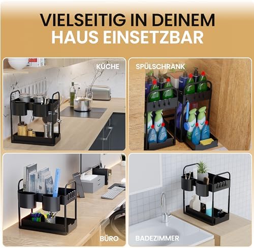 Plank voor onder de wastafel voor onderbouwkast, in hoogte verstelbaar, met 2 niveaus, in zwart | Keukenorganizer voor onderbouwkast, kruidenrek | Wastafel