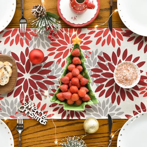 Tafelloper met rode dahlia's en herfstmotieven, seizoensgebonden kerstversiering voor de keukentafel, voor binnen, feestdagen, feestversiering, 40 x 240 cm