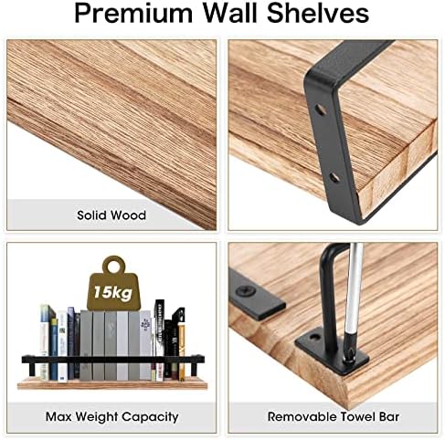 Houten wandplank, zwevende plank in rustieke stijl met handdoekhouder, set van 2, lichtbruin, voor slaapkamer, woonkamer, badkamer, keuken, kantoor