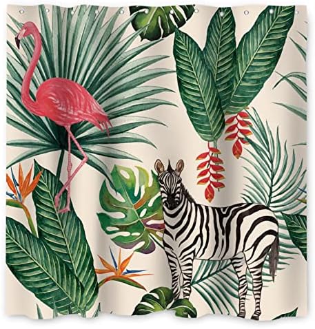 Flamingo-douchegordijn, tropische groene palmbladeren, bananenblad, paardenbadkamergordijn, badkamergordijn met zomers motief, stof, polyester, waterdicht, voor de badkamer