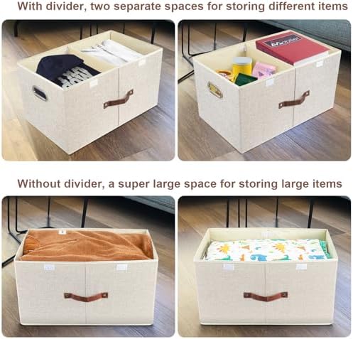 Extra grote opbergbox met deksel en vakken, stof, opvouwbaar, wasbaar, opbergbox met deksel, 55 x 33 x 30 cm, set van 3, beige