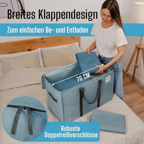 Opbergzak van 102 liter, opbergbox met deksel, verhuiszak met stevige handvatten en ritsen, alternatief voor verhuisdozen, opvouwbare kledingopbergtas (lichtblauw)