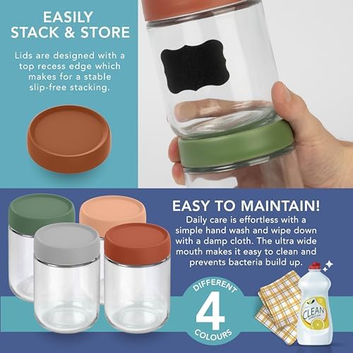 Havermoutpotten met deksel voor overnight oats, 600 ml, met luchtdichte, kleurrijke schroefdeksels, voedselveilige glazen ontbijtpotten met deksel voor yoghurt en chia-pudding, 600 ml, herbruikbaar
