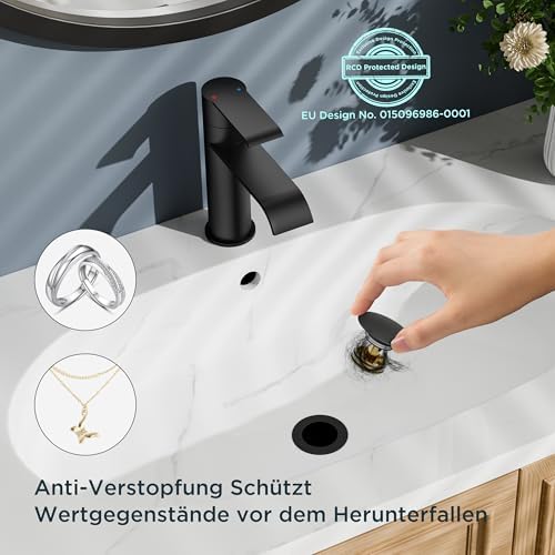 Zwarte badkamerkraan met afvoerset, eengreeps wastafelmengkraan – hoogwaardige wastafelkranen voor de badkamer, moderne badkamerkraan