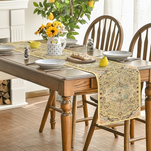 Tafelloper in boho-bohemienstijl, vintage geel, voor de zomer, feesttafel, decoratie voor keukentafel en eettafel, voor binnen, feestdagen, feestdecoratie, 40 x 140 cm