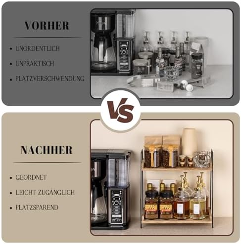 Koffie-organizer, houten keukenorganizer, keukenrek voor aanrecht, 2-laags rek voor koffiebar voor keuken, thuis, kantoor – bruin