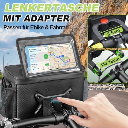Fietstassen voor op het stuur met stuuradapter voor e-bikes en fietsen, 6 l fietsmand voorop, waterdichte fietstas voor op het stuur met telefoonhouder