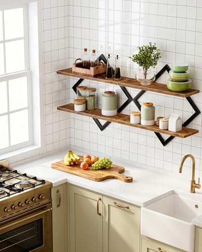 Wandrek, set van 2, zwevend rek, hangende rekken met 2 niveaus, voor woonkamer, slaapkamer, keuken, kantoor, rustiek bruin en zwart DTBJ01P2BF
