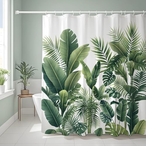 Douchegordijn, 180 x 180 cm, groene bladeren, plantenpatroon, schimmelbestendig en wasbaar, waterafstotend, badgordijn van polyester, douchegordijn, badgordijn met 12 insteekringen en douchegordijnringen