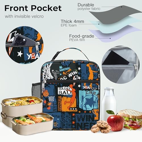 Zwarte geïsoleerde lunchtas voor kinderen in streetbasketbal-design, kleine koeltas voor jongens met flessenhouder, waterdichte lunchtas voor picknick en school