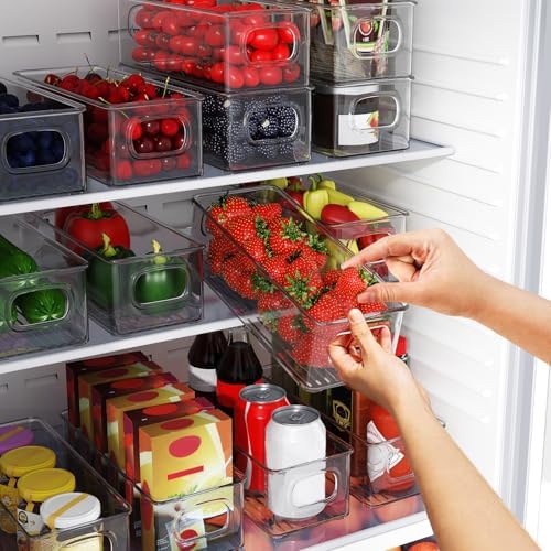 Koelkastorganizer, set van 6, stapelbare keukenopbergbakjes, koelkastbakjes met handvat, transparante voedselbewaring voor kasten, vriezer, voorraadkast – BPA-vrij