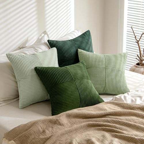 Set van 4 kussenslopen, 50 x 50 cm, corduroy bankkussens, patchwork-serie in groen, decoratieve kussenslopen, vierkante decoratieve kussenslopen voor de bank