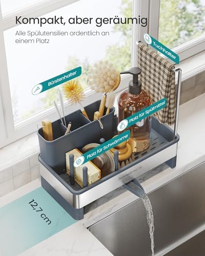 Afwasbak-organizer, keuken-organizer met sponshouder, afwasbak-organizer, voor borstels, afwasmiddel, theedoekhouder, roestvrij staal, ruimtebesparend, draaibaar