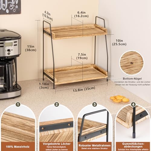 Koffie-organizer, houten keukenorganizer, keukenrek voor aanrecht, 2-laags rek voor koffiebar voor keuken, thuis, kantoor – bruin