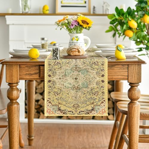 Tafelloper in boho-bohemienstijl, vintage geel, voor de zomer, feesttafel, decoratie voor keukentafel en eettafel, voor binnen, feestdagen, feestdecoratie, 40 x 140 cm