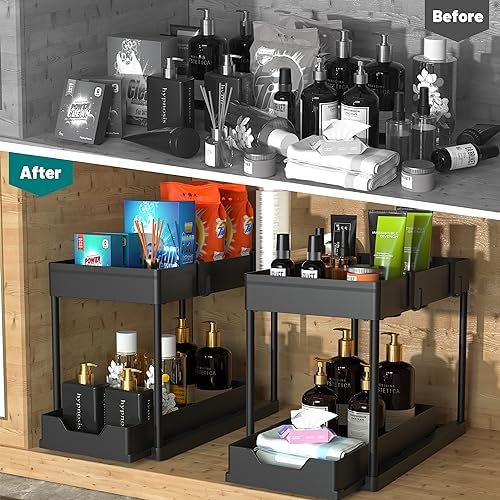 Keukenorganizer, 2 planken onder de gootsteen, keukenkastorganizer met 4 haken, kastmand voor keuken, badkamer, schoonmaakmiddelen, wasmiddelen (zwart)