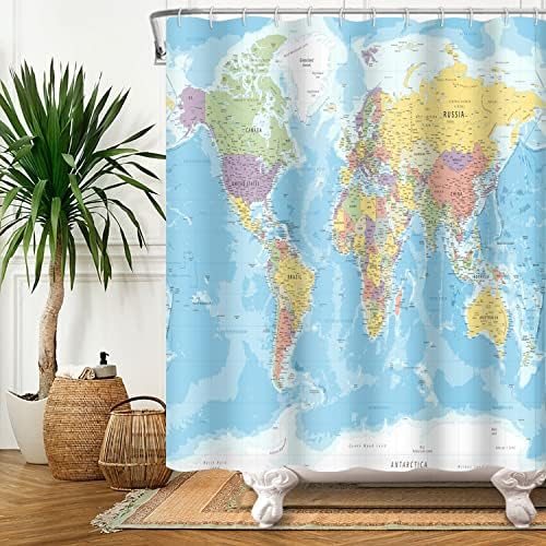 180 x 180 cm Wereldkaart douchegordijn Landen en steden Geografie leerzame douchegordijn voor kinderen Blauwe oceaan Continenten douchegordijn Stof W
