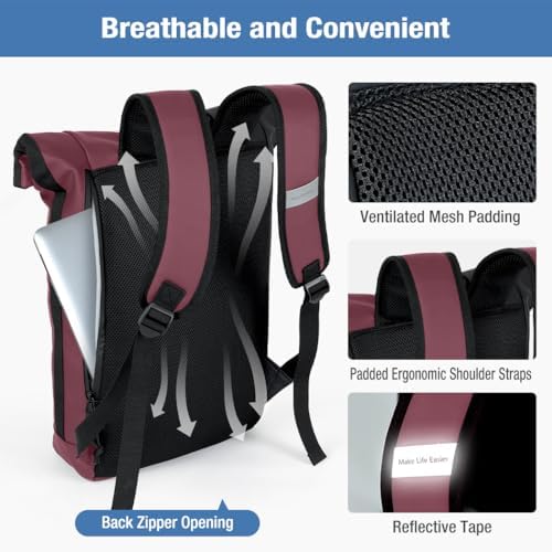 Laptoprugzak, waterdichte roll-top wandelrugzak voor dames en heren, lichtgewicht, L, rugzak