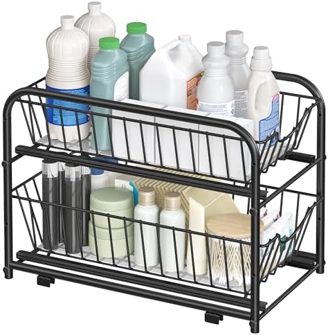 Keukenorganizer, keukenrek, opbergsysteem, 2 niveaus, stapelbaar, uitbreidbaar, met metalen manden, voor keuken, badkamer, diepzwart KCS017B01V1