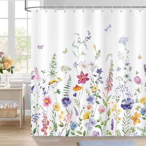 Douchegordijn, lentebloemen, blauw, paars, wilde bloemen, planten, 180 x 180 cm, schimmelbestendig, waterdicht, polyester, wasbaar, badkamergordijn voor de badkamer, met 12 haken