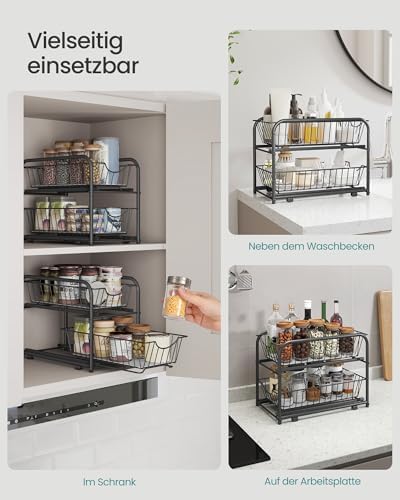 Keukenorganizer, keukenrek, opbergsysteem, 2 niveaus, stapelbaar, uitbreidbaar, met metalen manden, voor keuken, badkamer, diepzwart KCS017B01V1
