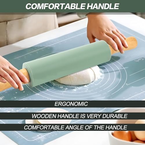 Deegroller, geribbelde deegroller, hout, siliconen, grote deegroller, deegroller met houten handvat en antiaanbaklaag, deegroller, 38 cm, deegroller voor gebak, de