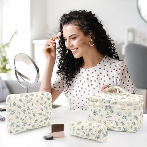 Set van 3 toilettassen, toilettas voor dames, met bloemenpatroon, toilettas, draagbare toilettas, toilettas, waszak, groot, voor vrouwen en meisjes, m