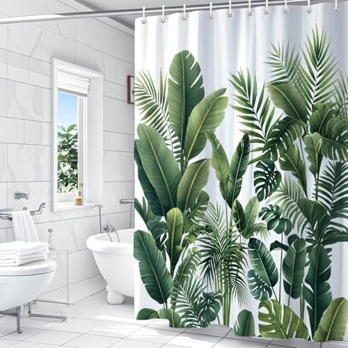 Douchegordijn, 180 x 180 cm, groene bladeren, plantenpatroon, schimmelbestendig en wasbaar, waterafstotend, badgordijn van polyester, douchegordijn, badgordijn met 12 insteekringen en douchegordijnringen