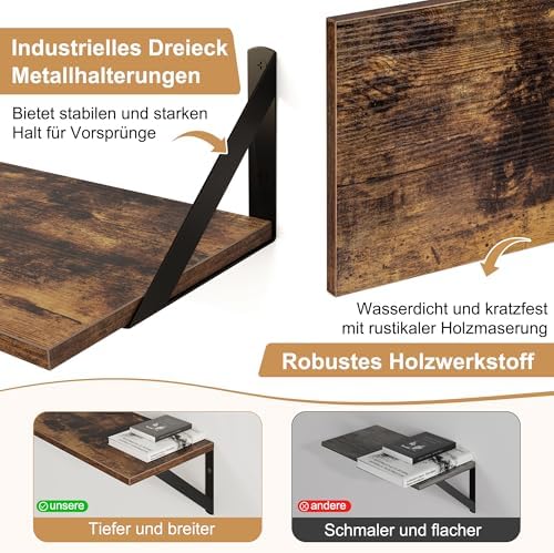 Wandplank 2-delige set, zwevende plank 40 x 20 x 12,3 cm, vintage bruine plank, boekenplank met metalen beugel, wandplank voor woonkamer, badkamer
