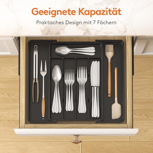 Bestekbak voor lades 40–50, verstelbare kunststof organizer voor de keuken, diepte 35 cm, bestekbak met 5–7 vakken, uitbreidbaar tot 41 cm, voor lepels