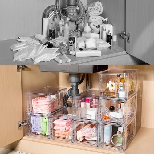 Set van 4 middelgrote stapelbare opberglades, transparante acryl lade-organizers met handgrepen, eenvoudige montage voor badkamer, kast, berging, make-up