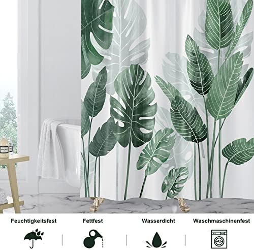Douchegordijn, 180 x 180 cm, schimmelbestendig, met groene bladeren, planten, waterafstotend, douchegordijn van polyester, wasbaar, met 12 douchegordijnringen