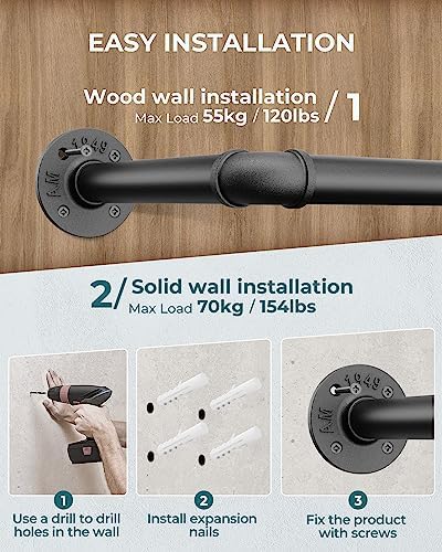 2-delige kledingstandaard, industriële kledingstang, wandgemonteerd, 66 inch buisstang om aan de muur te hangen, slaapkamer, zwarte metalen voet, 3