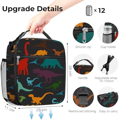 Dinosaurus-koeltas voor kinderen, kleine koeltas „Vulkaan“ voor jongens en meisjes, waterdichte lunchtas voor picknick en school, zwart, dinosaurus